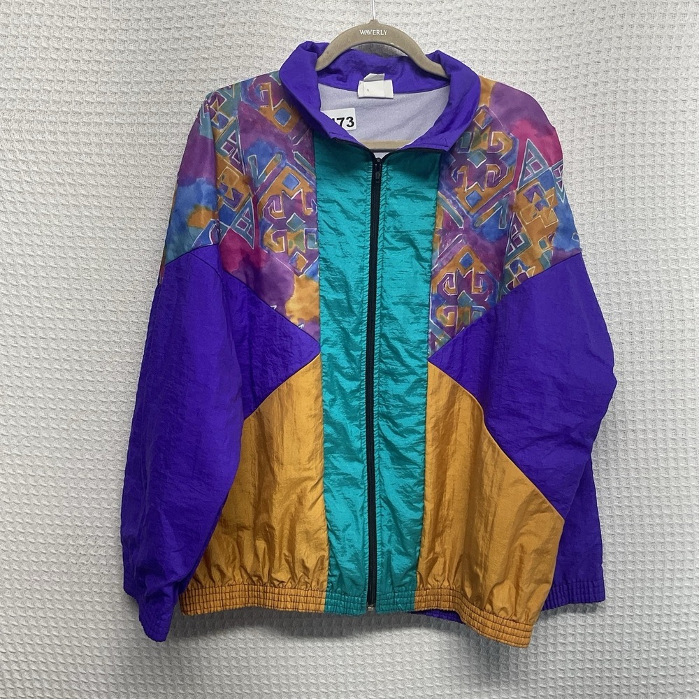Vintage 90s‎ Jump Women's Blue Purple Colorblock Geometric Windbreaker Jacket L